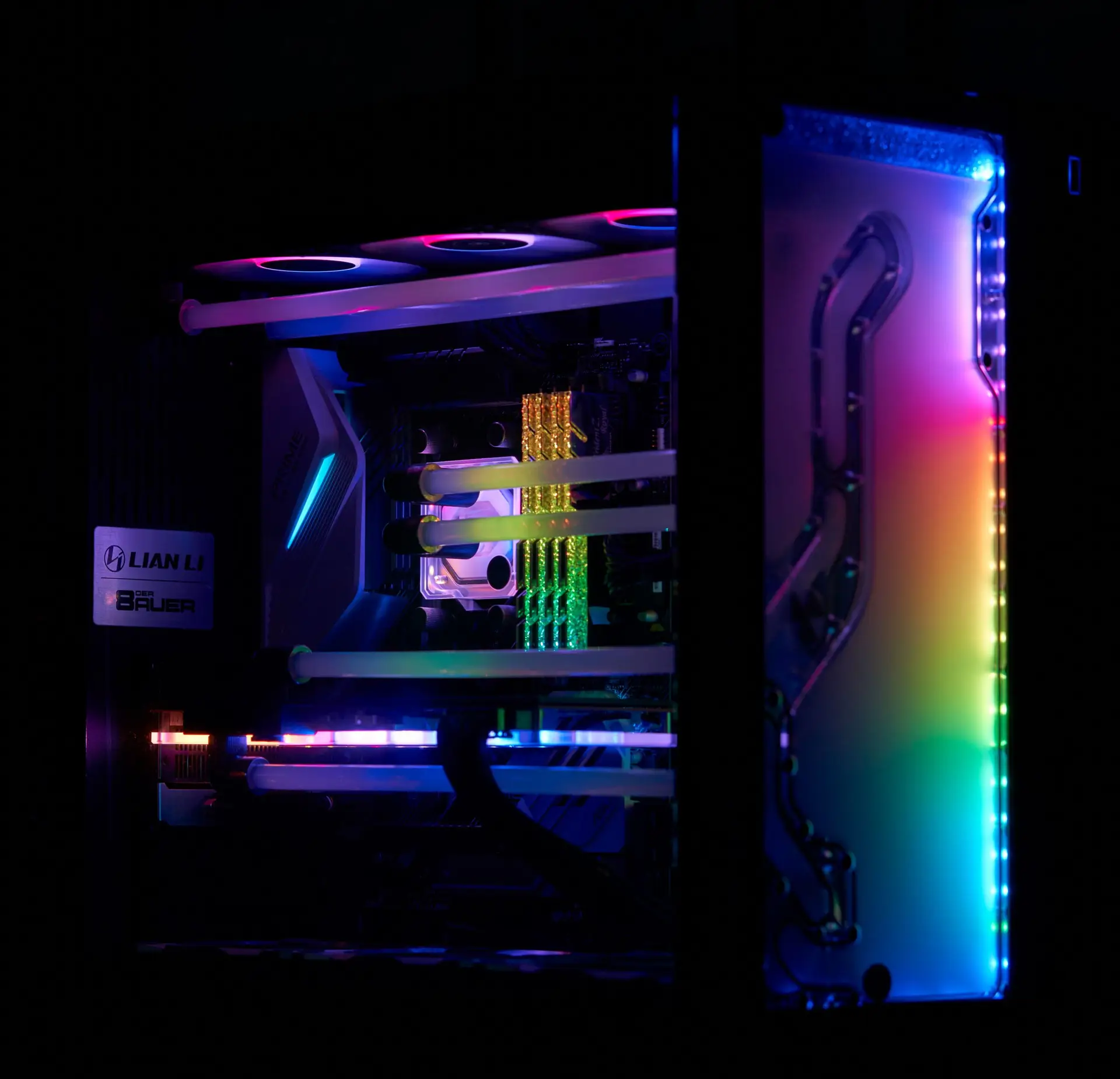 Lian Li case PC build with rainbow RGB accent lighting