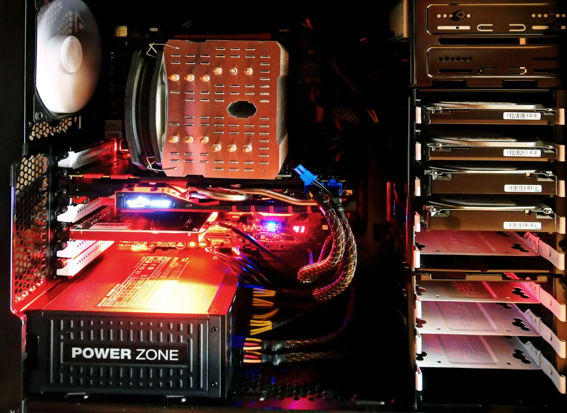 PC tower under red lighting