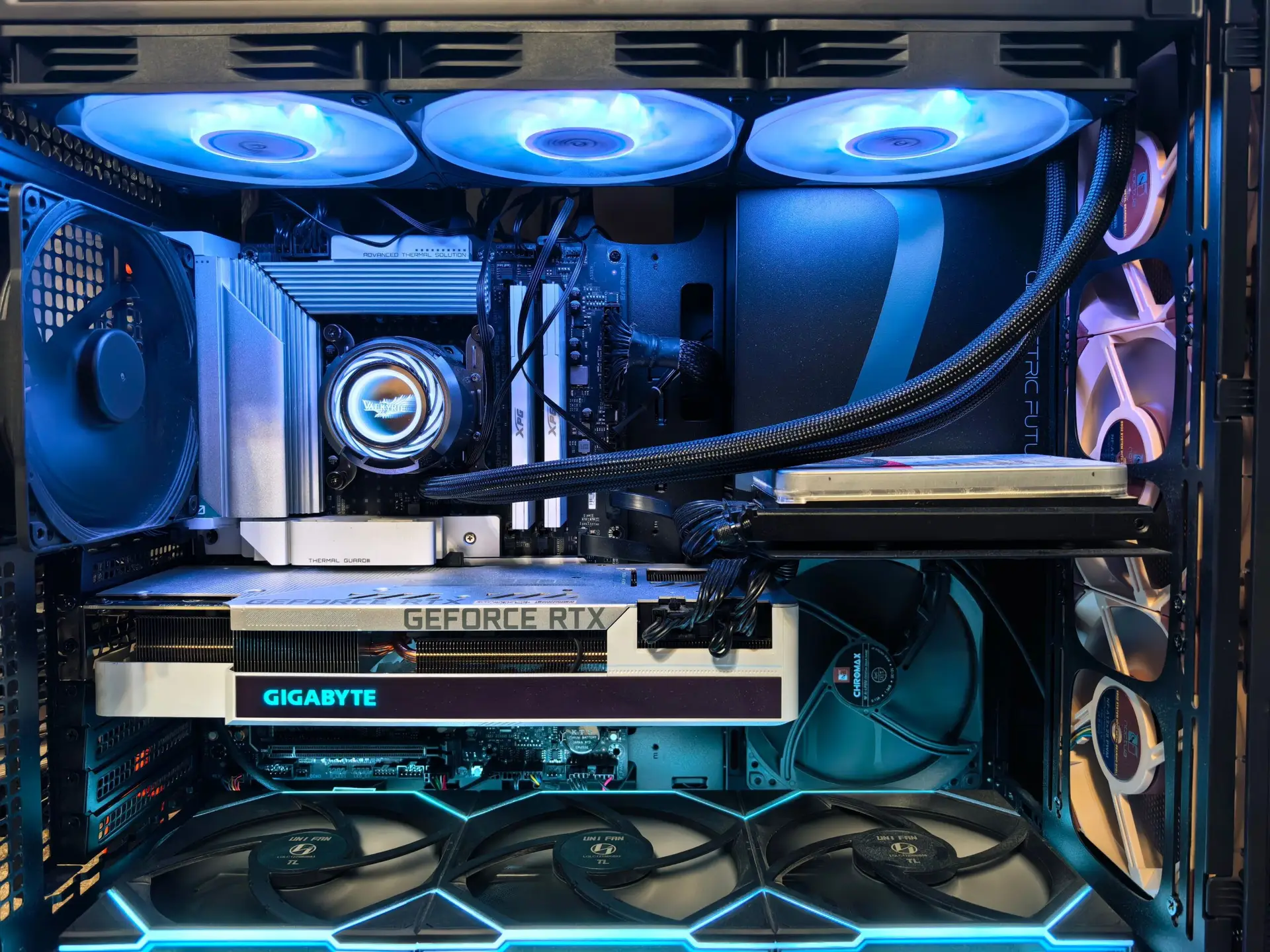 blue-lit PC case