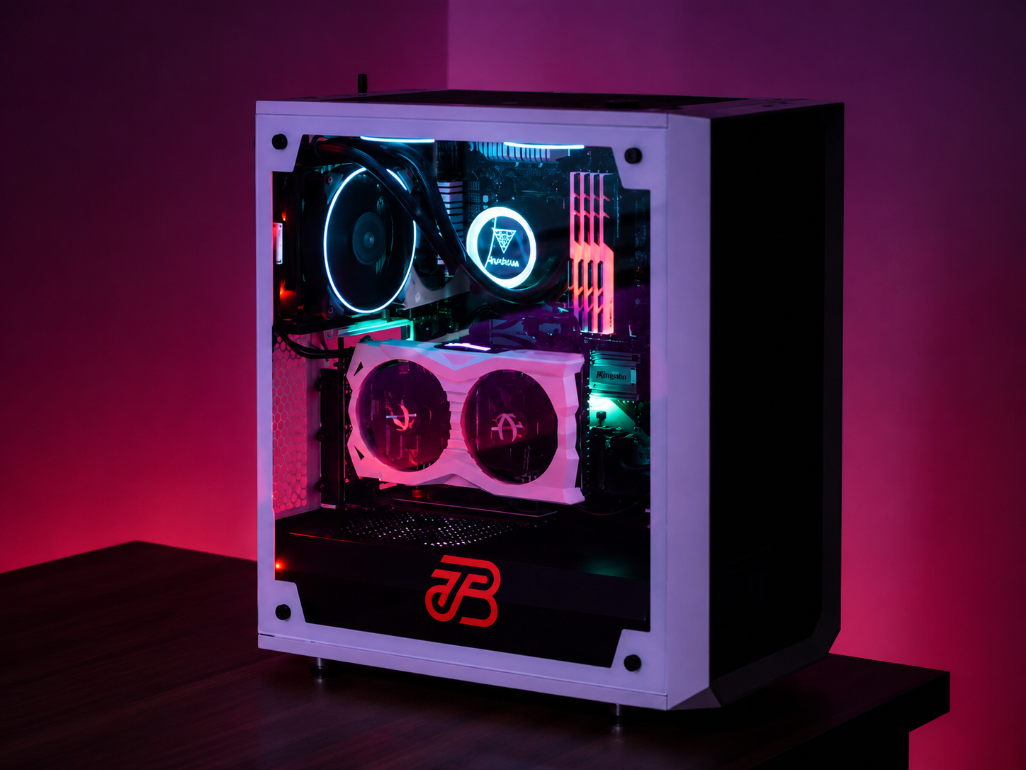 Compact white gaming PC case with pink and red RGB lighting