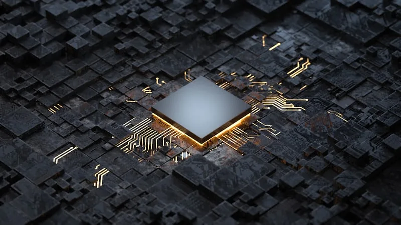 D render of a CPU chip with glowing gold circuit traces
